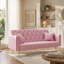 Canapé-lit deux places de 180 cm en velours rose, style rétro américain, idéal pour un petit salon, une chambre ou un bureau.