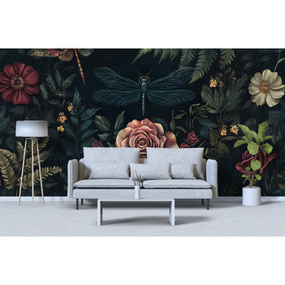 Dark Botanical Wall Art – Vintage Wallpaper Dragonfly & Roses Print