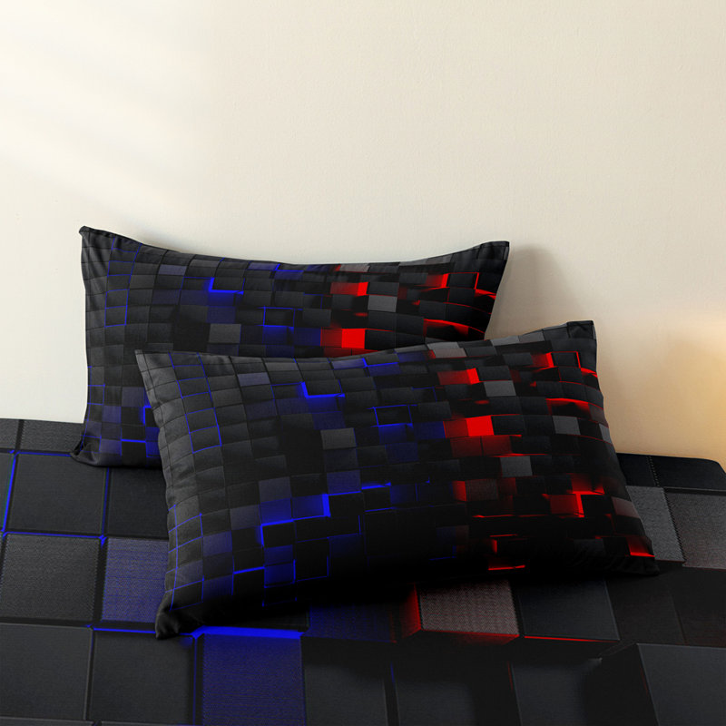 Ensemble de literie Orylavena en microfibre à imprimé géométrique de cubes bleus et rouges à effet lumineux, avec 2 taies d'oreiller, taille standard, poches de 35,5 cm.