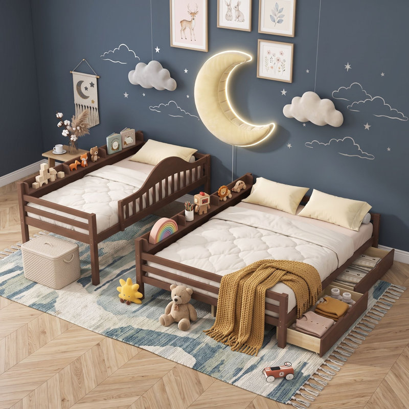 Lit superposé en bois avec étagères, échelle, sommier à lattes préinstallé et tiroirs, Simple TG sur grand, Naturel foncé