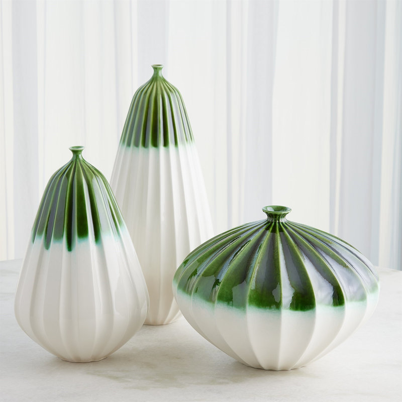 Furrow Handmade Ceramic Table Vase, 15" H x 12" W x 12" D, Deep Green