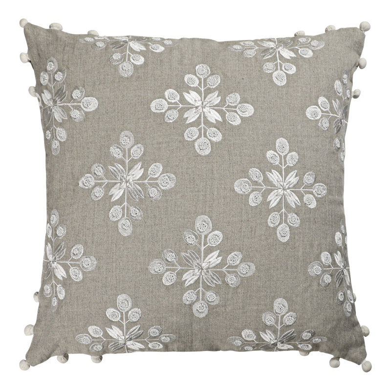 Housse de coussin carré 100% lin, polyester, Motif floral gris / beige