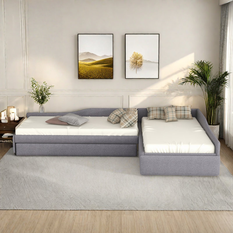 Multifunctional Upholstered Daybed With Trundle And One Drawer, Gray