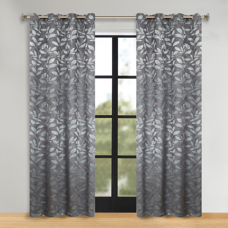 Finklea Floral Pattern Polyester Light Filtering/Room Darkening Rod Pocket Curtain Panels, Gray, 52" W x 72" L