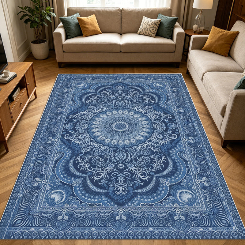 1PC Vintage Persian Medallion Denim Blue area rugs for Living Room, Soft and Comfortable, Suitable for all seasons, easy-to-maintain, machine washable Indoor floor mat, Under Table Farmhouse suitable for dining room, bedroom, kitchen, home office,