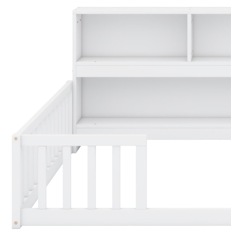 Floor Bed With Side Bookcase,Shelves,Guardrails