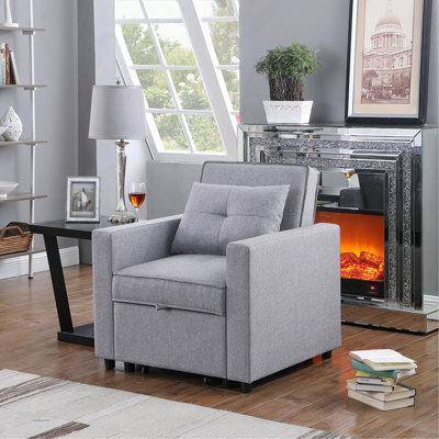 Fauteuil-lit convertible gris en lin 33,62 po avec poche latérale, canapé-lit, pochette pour magazine / tablette, un coussin, ressorts ensachés rembourrés de mousse, siège de 17 po de hauteur, 21,5 po de profondeur, 24 po