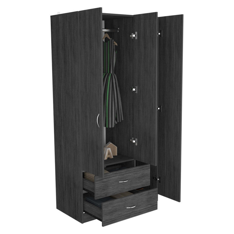 3 Door Armoire With Two Drawers, Smoke Grey