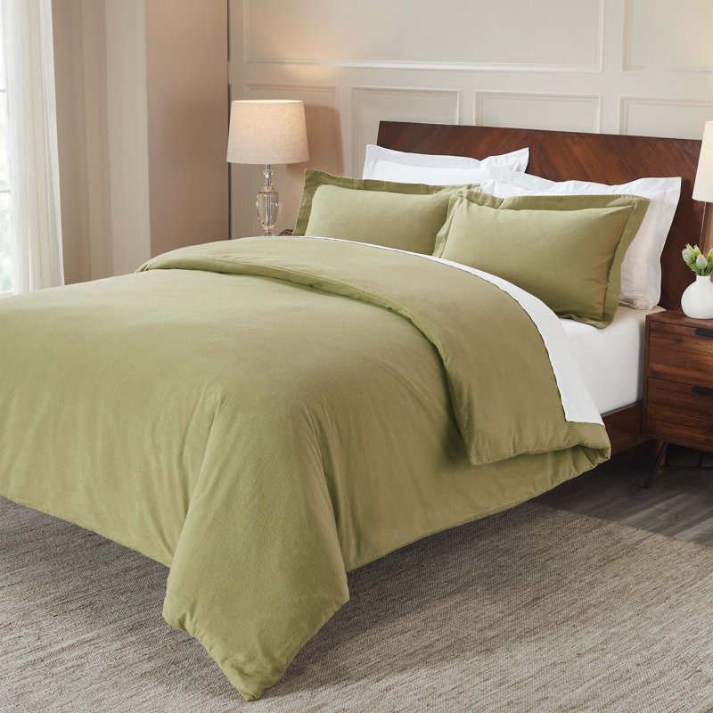 Ensemble de housse de couette chaude 100% flanelle de coton Rome, Housse de couette simple + 1 taie décorative stan, Sauge