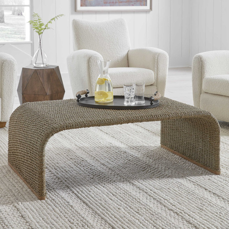 Transitional Brown Wood and Glass Rectangular Coffee Table