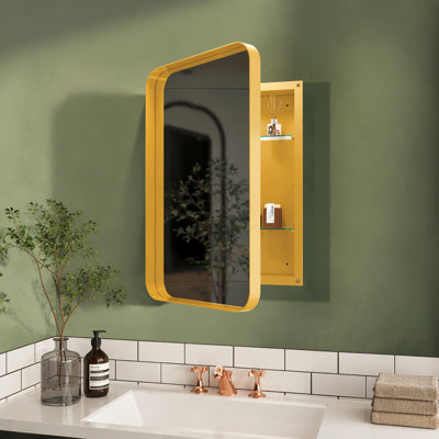 Armoire à pharmacie 16 po x 24 po à cadre en métal avec miroir et tablettes réglables avec rangement pour salle de bain, or mat