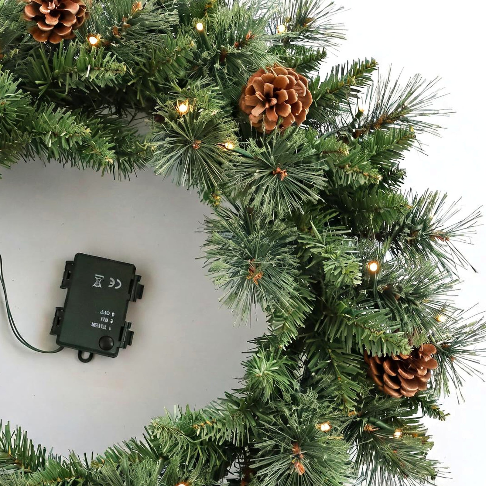 24" Artificial Large Winter Christmas Wreath With LED Lights Farmhouse Pinecone Pre-Lit Wreaths For Front Door Or Wall