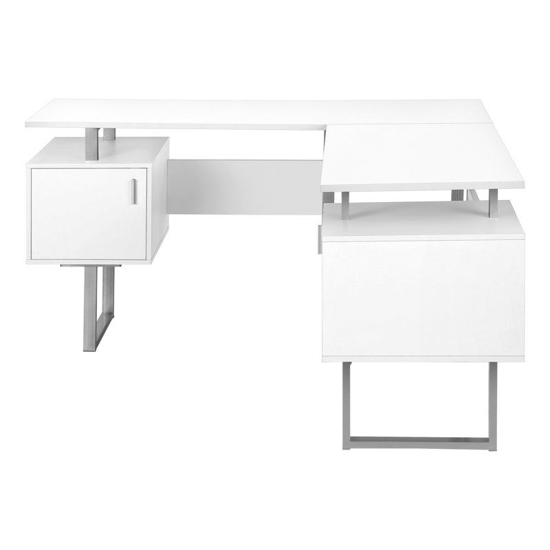 Bureau d'ordinateur Jeom, coin en L de 58 po en bois blanc, pieds chromés, Blanc