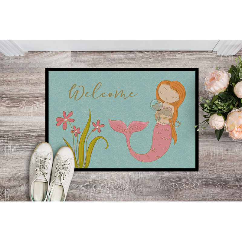 Tapis de porte pour l’extérieur anti-dérapant sirène avec chat welcome, Rectangulaire : 18 po x 27 po