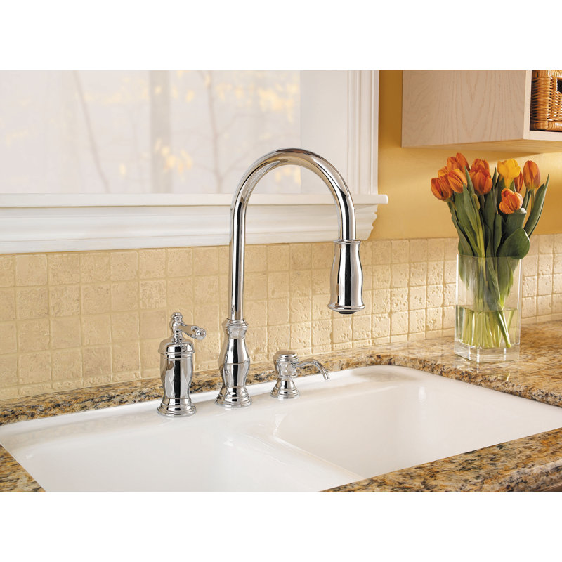 Hanover Pull Out Single Handle Kitchen Faucet with Soap Dispenser, Polished Chrome