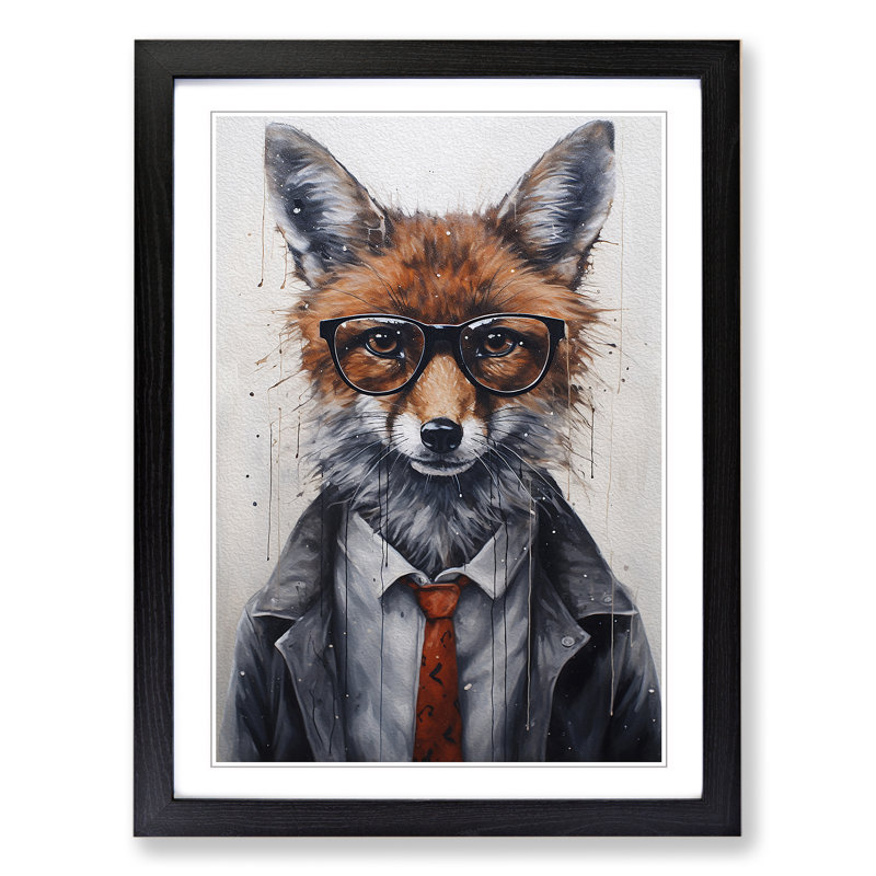 Fox with Glasses Painting - Framed Print, Black, 46cm H x 34cm W x 2cm D