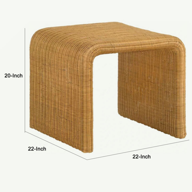 22 Inch Side End Table, Woven Rattan Frame, Waterfall Edges, Square Surface
