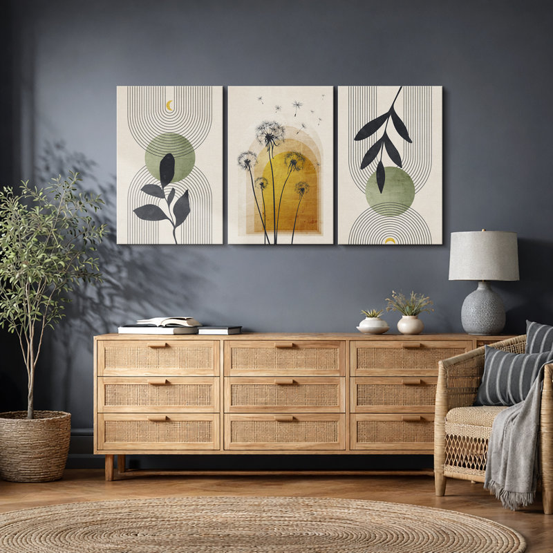 Illustration de pissenlit abstraite de style Mid-Century moderne bohème, images murales de salon moderne et chic, impression sur toile encadrée, ensemble de 16 pièces x 16 po x 3 pièces, 24 po x 36 po x 3 pièces