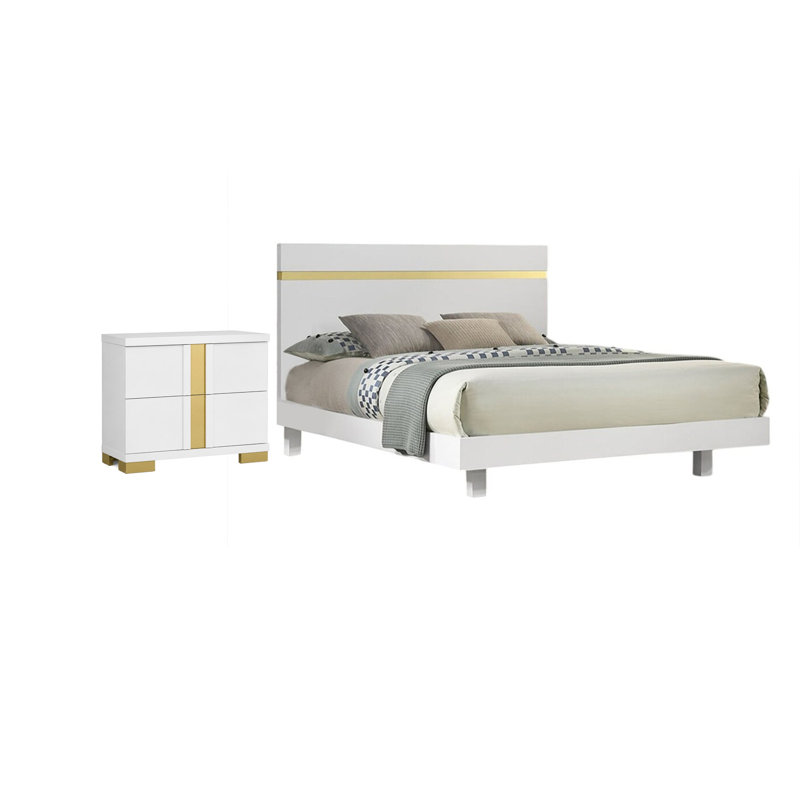 Full Bedroom Set, Black and Gold, 2 Piece Set with Nightstand, White, Gold