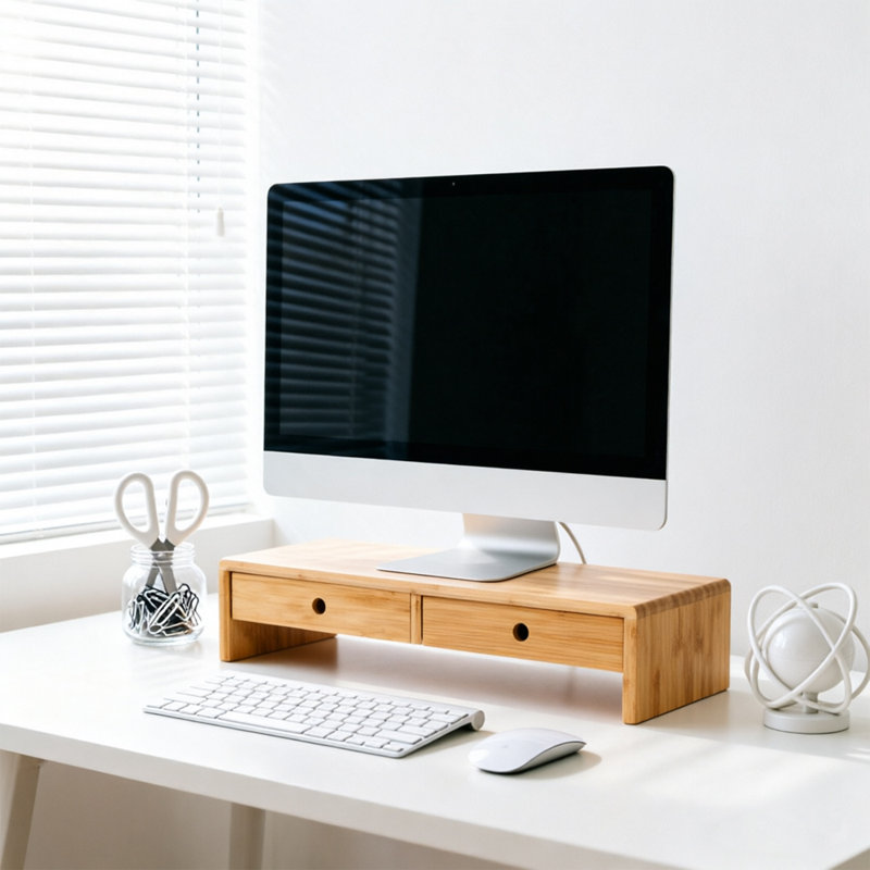 Support pour écran d'ordinateur en bambou naturel avec support pour bureau et 2 tiroirs de rangement, Bois
