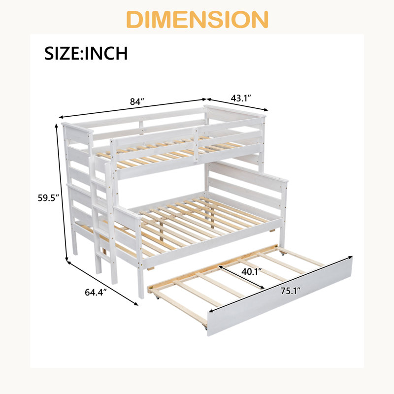 Lit superposé simple au-dessus d'un lit double avec lit gigogne en bois, Blanc