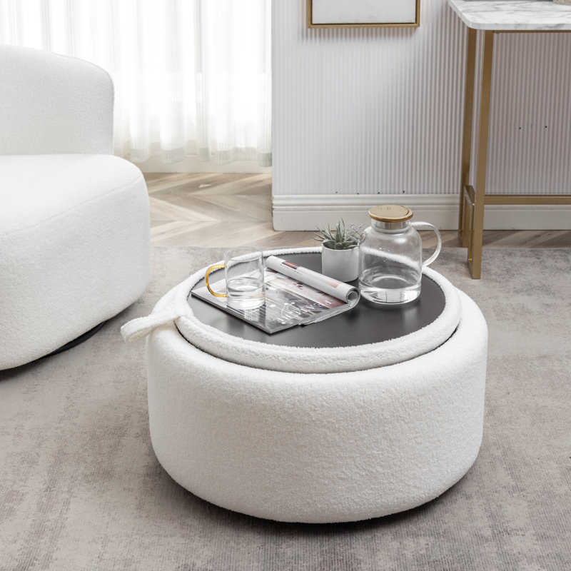 Savinien Upholstered Round Storage Ottoman, White Performance Boucle