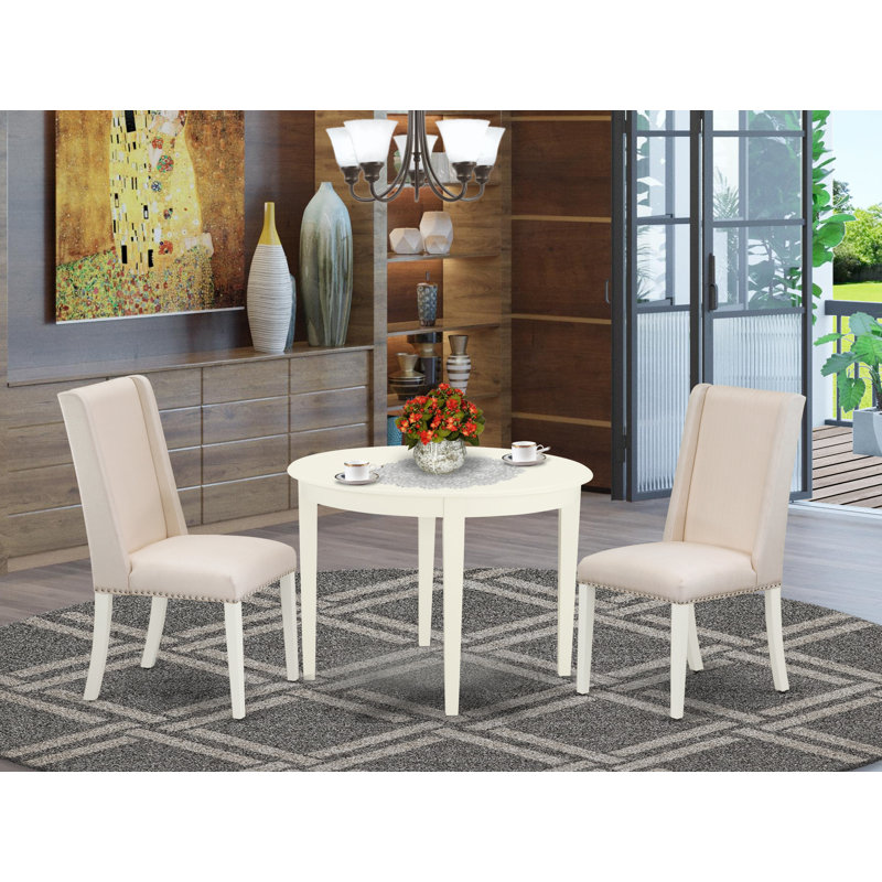 3 Piece Dining Room Table Set Contains a Round Kitchen Table and 2 Cream Linen Fabric Parsons Dining Chairs, Linen White