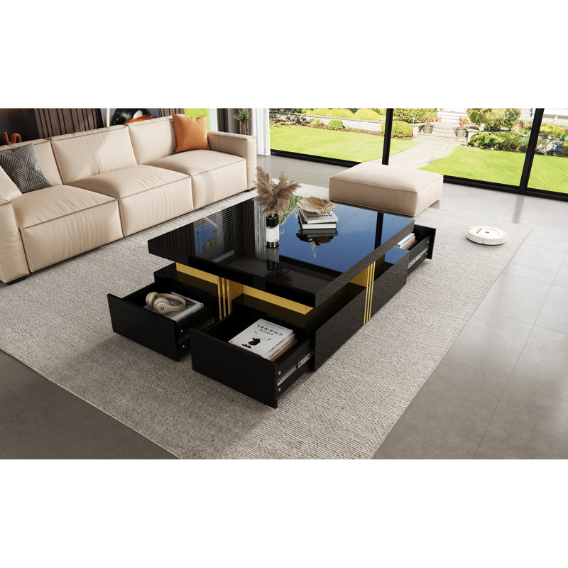Table basse moderne carrée avec 4 tiroirs, Noir
