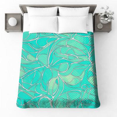 Couvre-lit matelassé à motif de feuilles abstraites turquoise