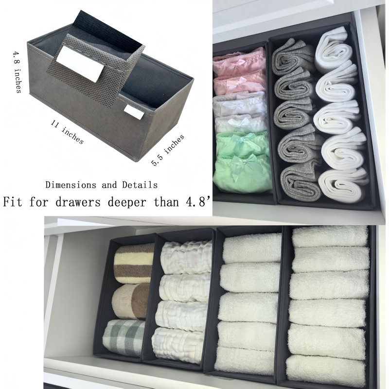 Ensemble de 6 tiroirs à chaussettes - Bacs de rangement pliables en tissu pour diviseur de sous-vêtements, petits organisateurs de placard avec 6 compartiments, gris