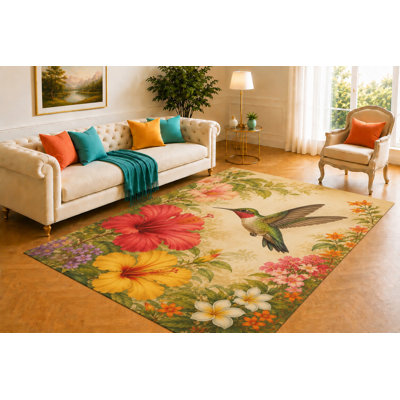 "Ultra Lightweight" 5'x7' Hummingbird Rug, Colorful Bird Flying Beside Hibiscus and Garden Flowers, Soft Floor Cover for Living Room, Bedroom, Nursery and Nature Decor