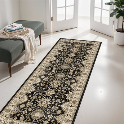 Washable Hallway Rug: Non Slip Rugs with Rubber Backing Soft Kitchen Rug Farmhouse Distressed Carpet Runner for Living Room Bedroom Bathroom (Black)