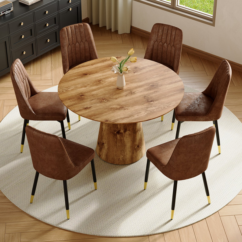 45'' Round Dining Table Set with Upholstered Chairs, Modern Kitchen Table and Chairs, 7 Pieces: Table, 6 Chairs