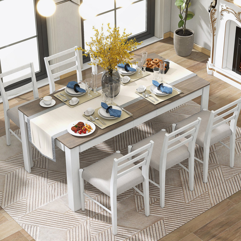Ensemble de table de salle à manger 7 pièces en bois, table extensible avec rallonge, 2 tiroirs et 6 chaises rembourrées