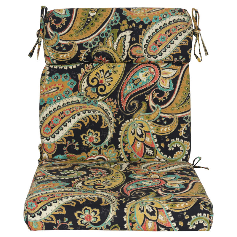 Outdoor Seat/Back Chair Cushion, Black/Yellow/Hadia Franco Noir Paisley, 20" W x 20" D