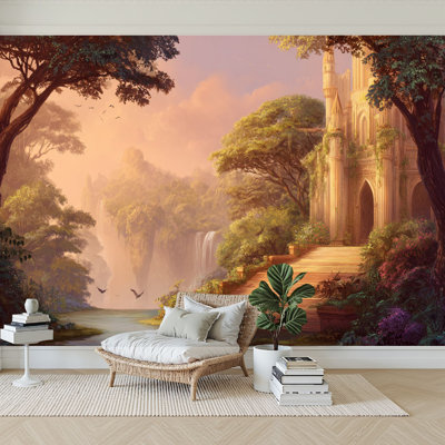 Peel and Stick Wallpaper 144" x 100" Modern Self Adhesive Wall Mural for Bedroom Princess Castle Waterfalls Mountain Stone Stairways Sunset Sky Misty