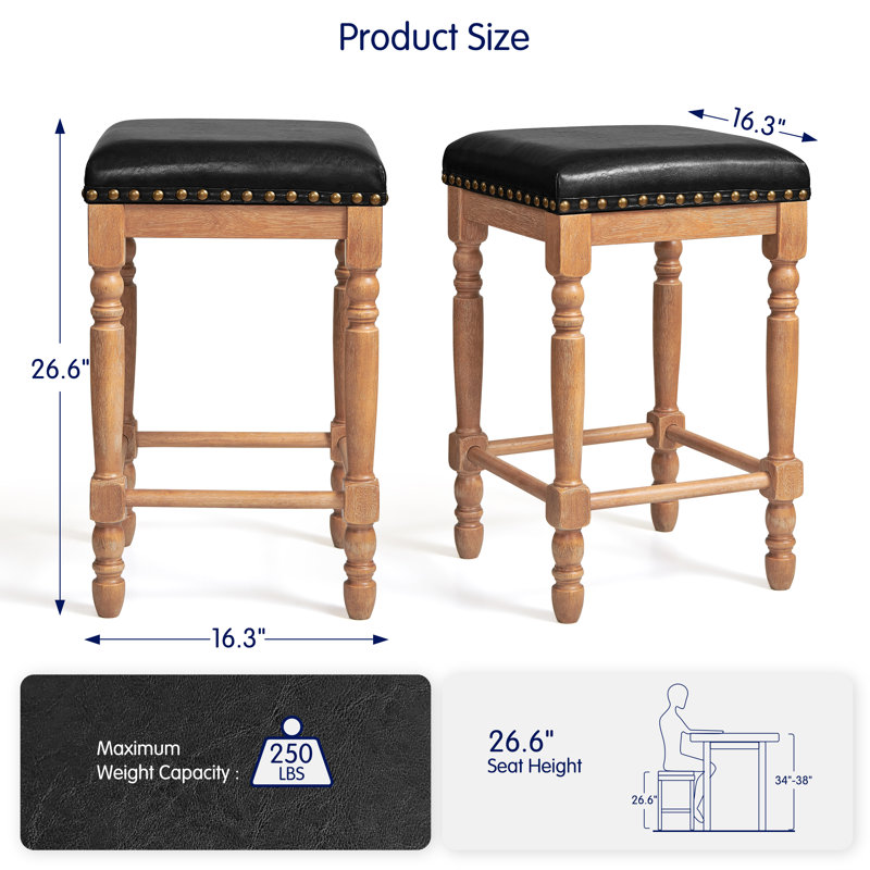 Tabourets de bar à hauteur de comptoir, tabourets de comptoir de cuisine sans dossier, rembourrés de style Mid-Century avec structure en bois massif et cuir ciré à l'huile pour la salle à manger de l'îlot de cuisine