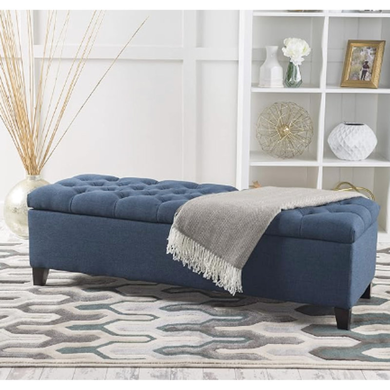 17.34" H Navy Blue With Diamond Stitch And Storage Contemporary Button In - Adds Charm To Space, Navy Blue