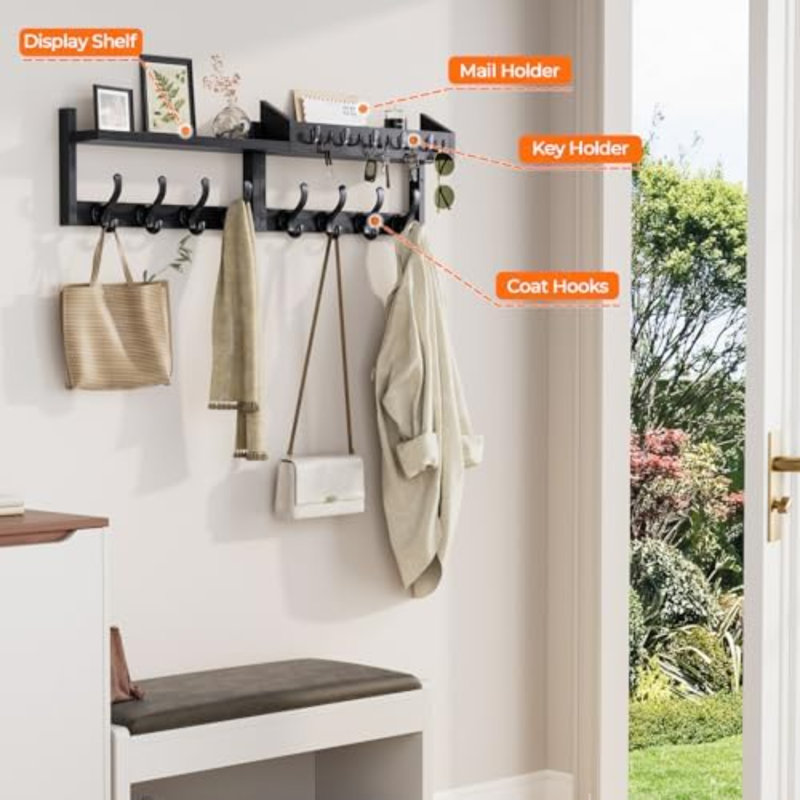 Porte-manteau mural avec tablette pour entrée, noir | Porte-manteau et porte-clés mural avec crochets, porte-clés et organisateur de courrier pour mur, salon, vestibule, chambre