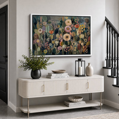 «Moody Teal Pink Wildflower Garden», reproduction d'art sur toile encadrée, impression sur toile