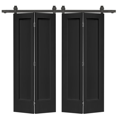 48 po X 80 po Porte de grange double pliante en panneau de fibres à densité moyenne peinte noire 1 panneau avec ensemble de quincaillerie coulissante