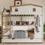 Lit superposé double avec lit gigogne, tablettes de rangement et crochets, bois massif, aucun sommier nécessaire, beige et naturel