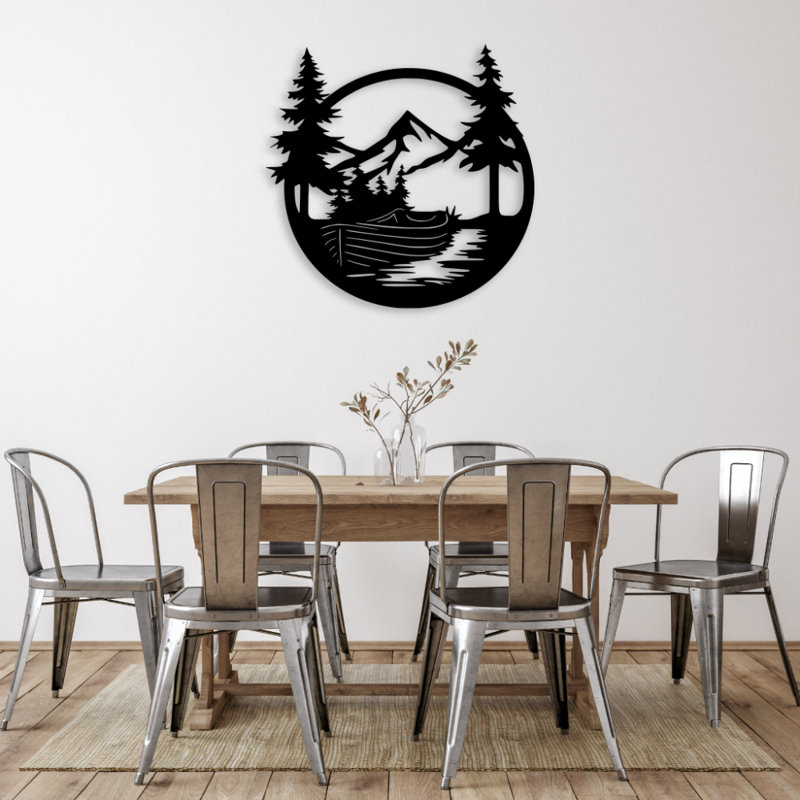 Art mural en métal Drift Boat Mountain - pêche aventure - silhouette de bateau de rivière - Tente murale rustique d'extérieur - chalet à la maison - sculpture moderne en métal industriel - pièce d'art naturelle