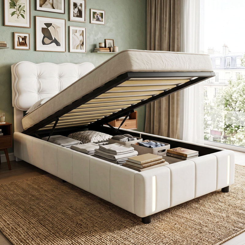 UK & EU Sizes Velvet Ottoman Bed With Motion Sensor LED Lights, Upholstered Cloud Tufted Frame, Beige, Single (3')