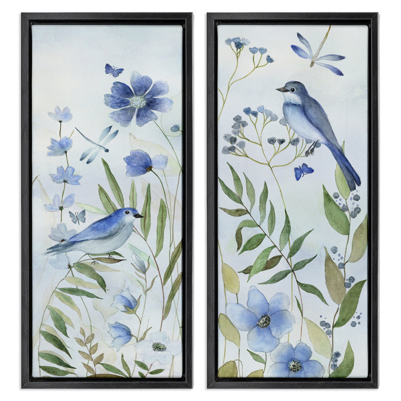 Ensemble de 2 toiles flottantes encadrées bleues avec fleurs et oiseaux, design par Janet Tava, H 25 po x l 11 po