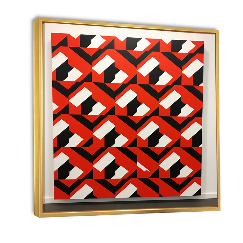 Motif rétro géométrique rouge, blanc et noir - reproduction sur toile, H 16 po x l 16 po x P 1 po, Cadre flottant doré