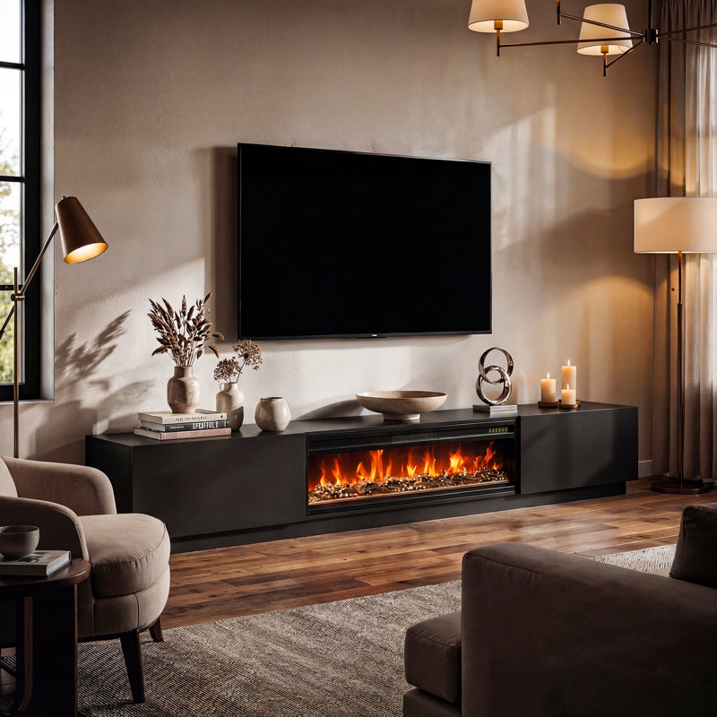 Meuble télé avec foyer électrique en bois manufacturé de 109,7 po de largeur, Noir