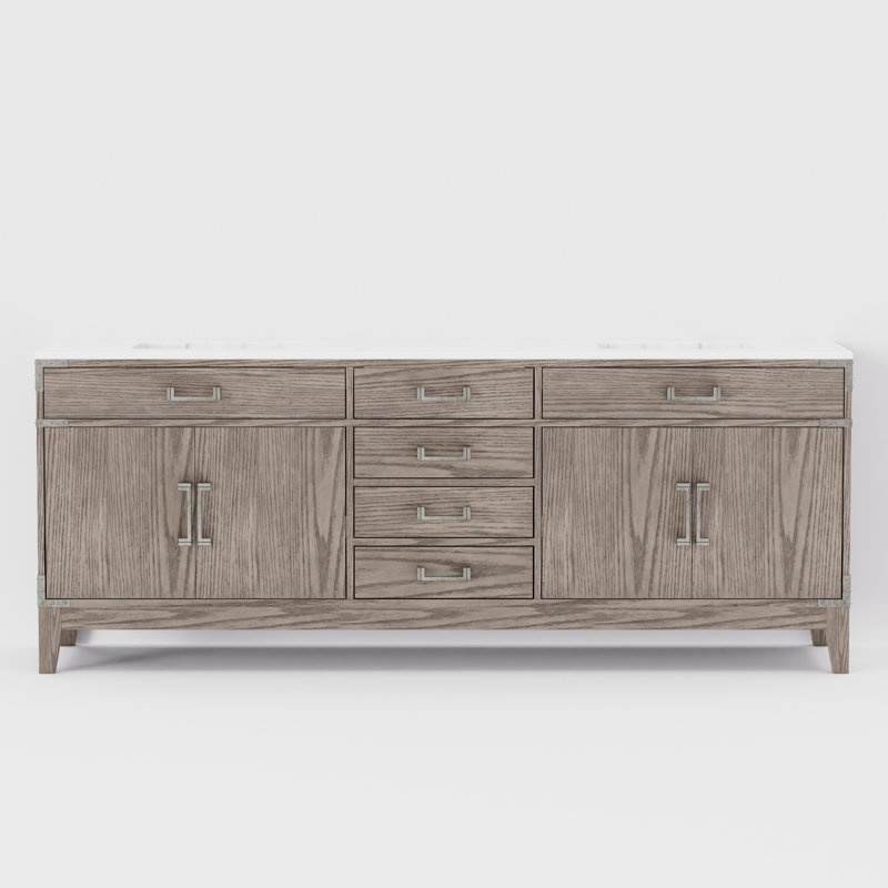 Plateau de meuble-lavabo double l 84 po x P 22 po Laurel, Marbre de Carrare blanc, Chêne blanc