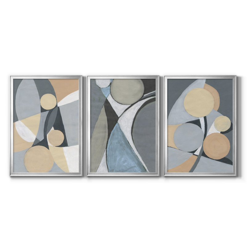 " A Soft Jeweled Geometric II " 3 - Pieces, 18.5" H x 73.5" W x 1.5" D, Silver Framed Canvas