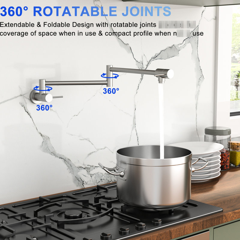 Robinet remplisseur mural à un trou, nickel brossé, deux poignées, pivotant sur 360 °, conception pliable pour un remplissage efficace de la cuisine - robinet à poignée rotative et extensible, utilisation en laiton massif